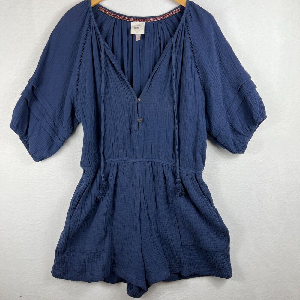 Knox Rose Womens Navy Blue Gauze V-Neck Romper Shorts Size L Puff Sleeve